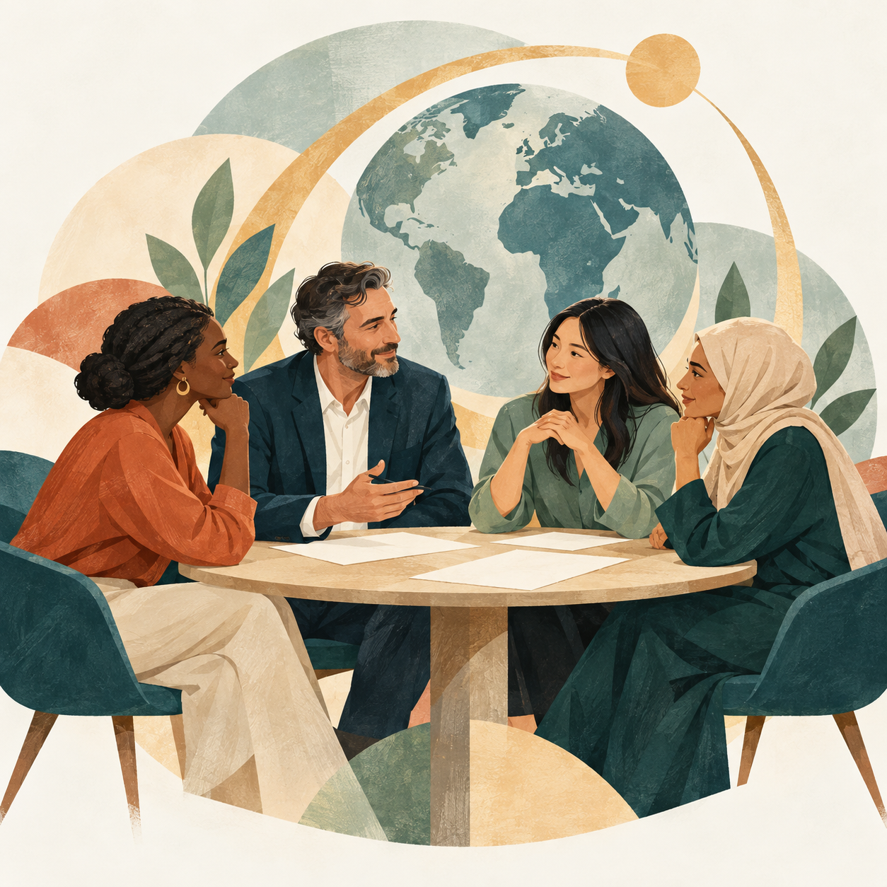 Illustration of four colleagues listening and working together around a table, with a globe behind them.